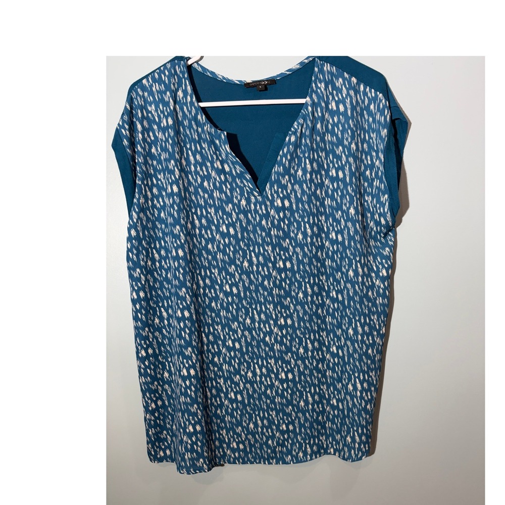 Paper Moon Womens Teal Blue Ikat Print Mixed Media Split Neck Blouse Top Large